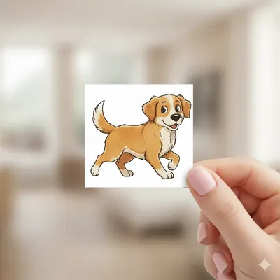 Fotografía de una Impresión de viniles adhesivos con la imagen de un perrito en ella, mientras lo sostiene una mujer.